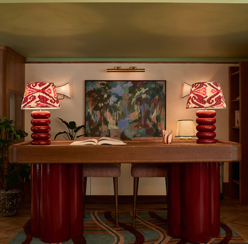 BURGUNDY, PINK AND RED SILK IKAT LAMPSHADES
