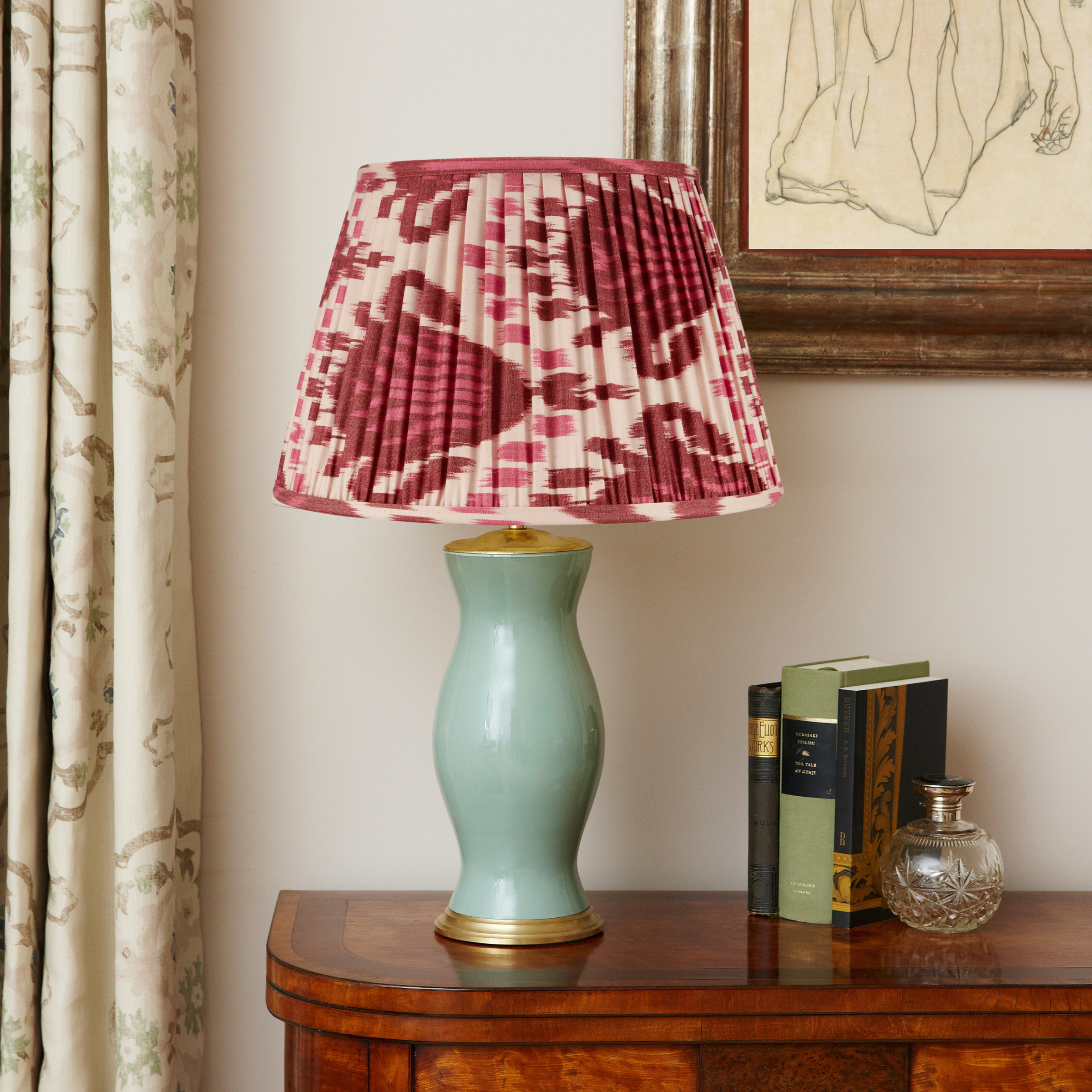 10 Silk Sari Lampshade - Maroon and Lichen Green Floral on Opal