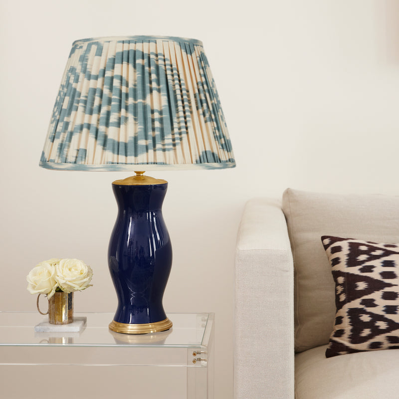TEAL AND CREAM IKAT LAMPSHADES CLIENT SHOT