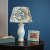 TEAL AND CREAM IKAT LAMPSHADES CLIENT SHOT