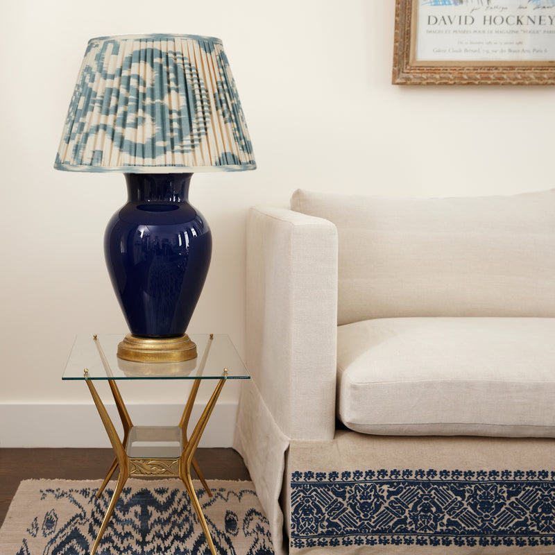 TEAL AND CREAM IKAT LAMPSHADES CLIENT SHOT