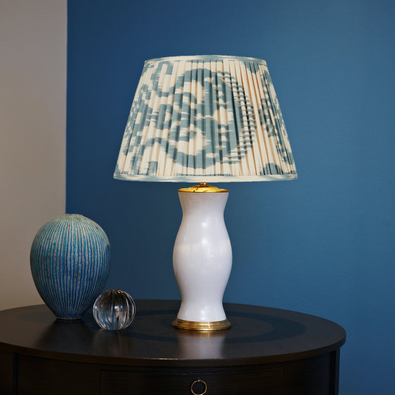 TEAL AND CREAM IKAT LAMPSHADES CLIENT SHOT