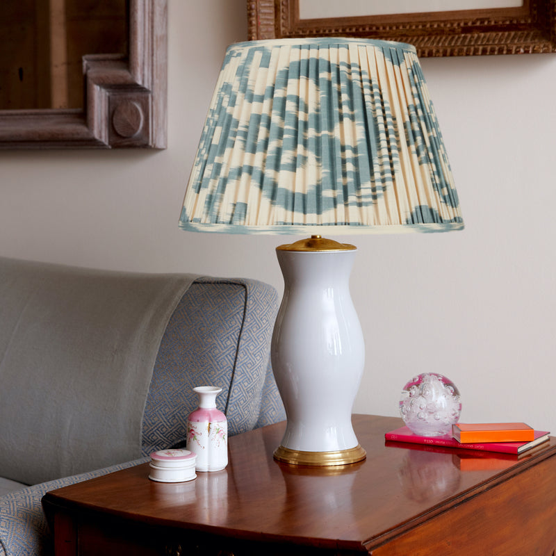 TEAL AND CREAM IKAT LAMPSHADES CLIENT SHOT